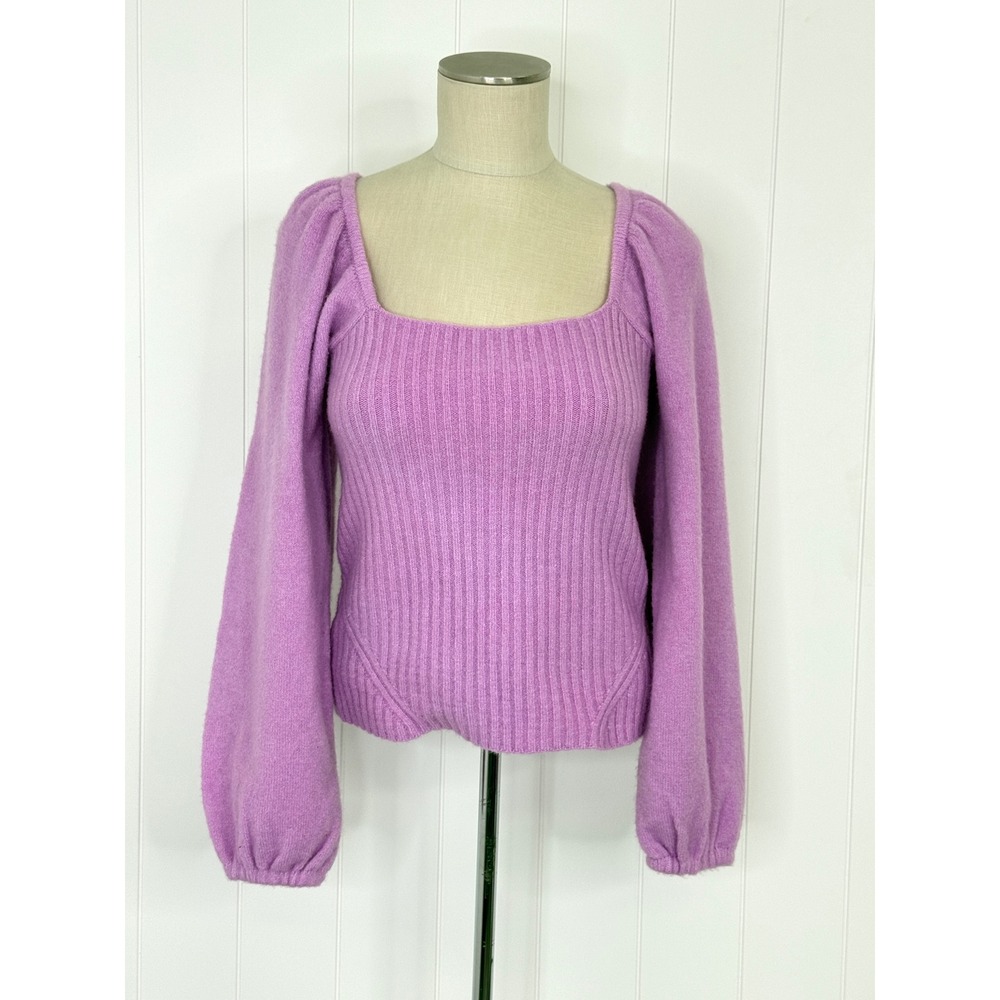 Halogen Square Neck Puff Sleeve Sweater Size S Purple Heaven Ribbed Wool Blend